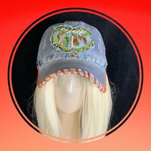 Denim Blue and Orange Hat with Vibrant Accents